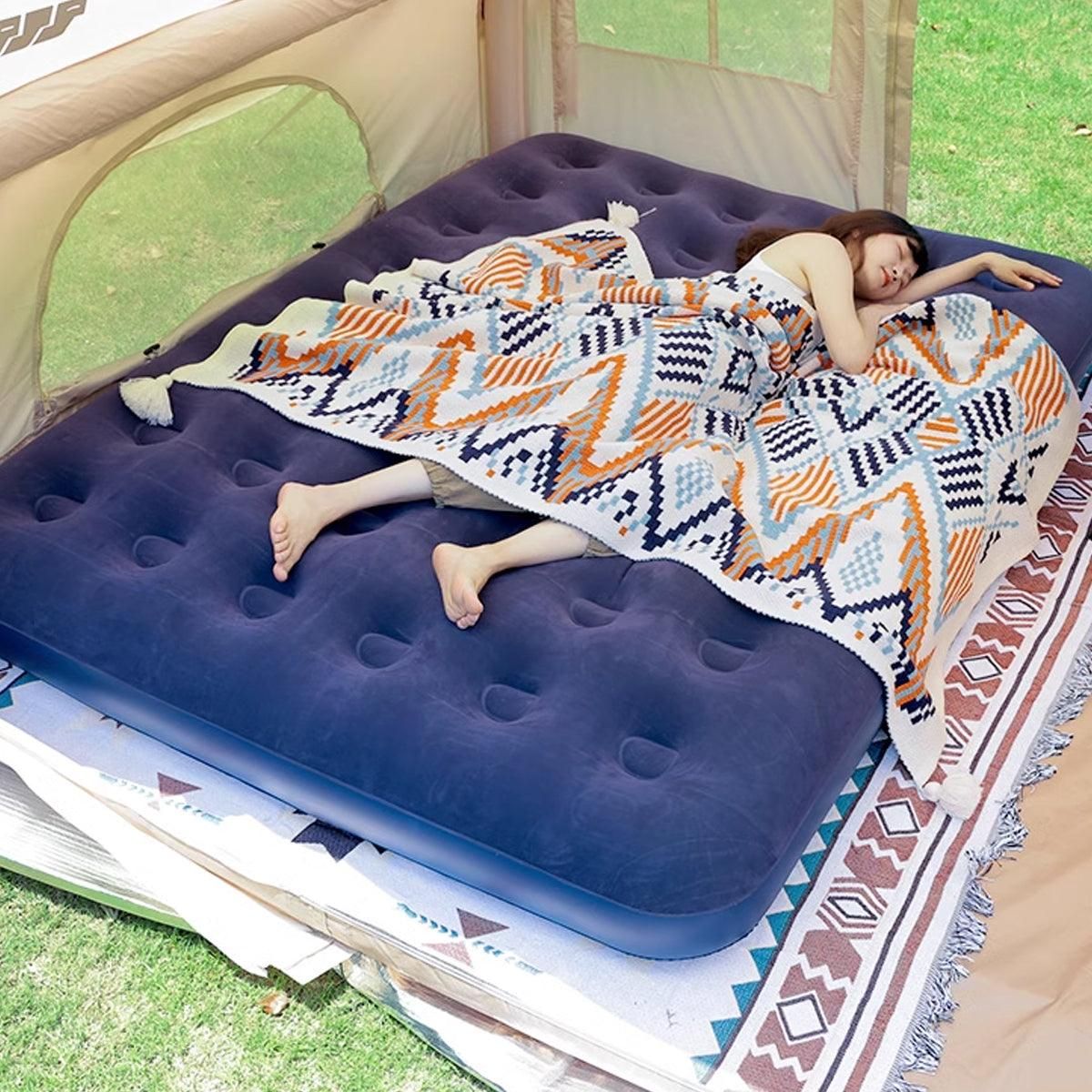 Single Inflatable Airbed 186x96cm Easy Inflate Flocked Air Mattress for Camping Guests V528-LAZY-MATTRESS-BLUE-759938