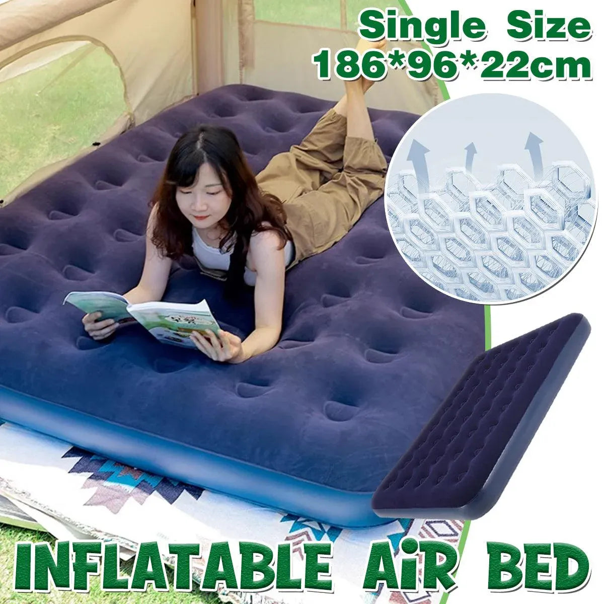 Single Inflatable Airbed 186x96cm Easy Inflate Flocked Air Mattress for Camping Guests V528-LAZY-MATTRESS-BLUE-759938