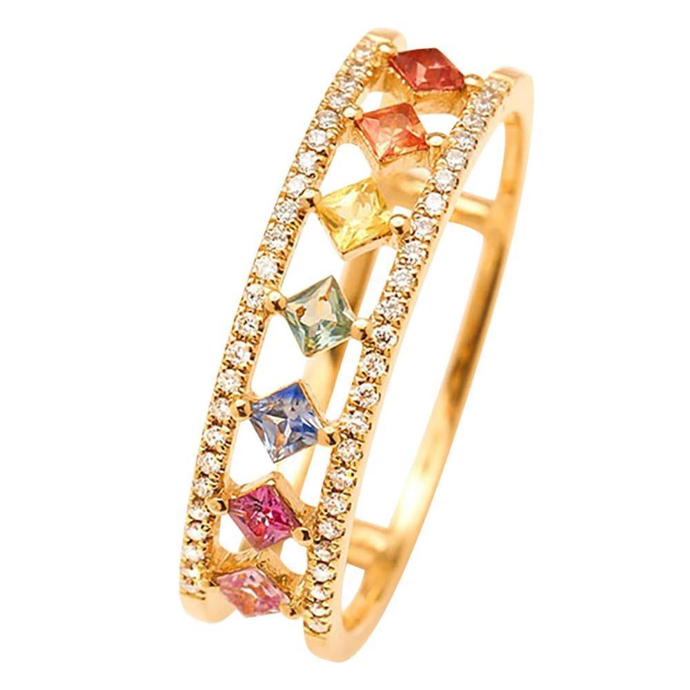 Rainbow Gold Ring Women Fashion Colorful Band Jewelry Gift 6-10 Sizes Ring - 10