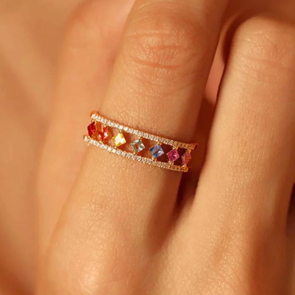 Rainbow Gold Ring Women Fashion Colorful Band Jewelry Gift 6-10 Sizes Ring - 10