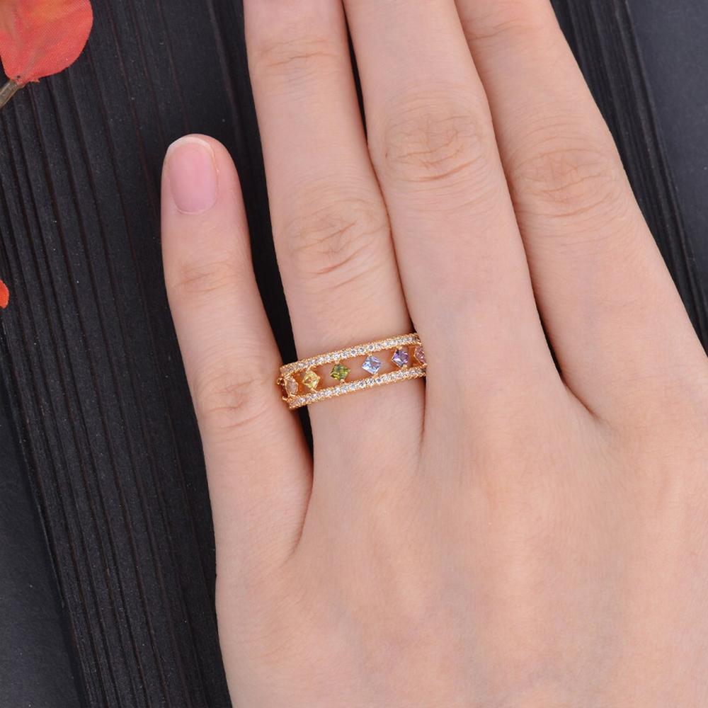 Rainbow Gold Ring Women Fashion Colorful Band Jewelry Gift 6-10 Sizes Ring - 10