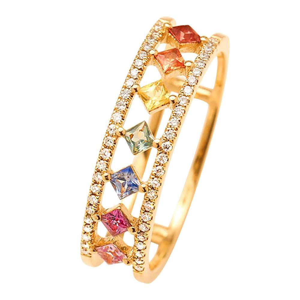Rainbow Gold Ring Women Fashion Colorful Band Jewelry Gift 6-10 Sizes Ring - 10