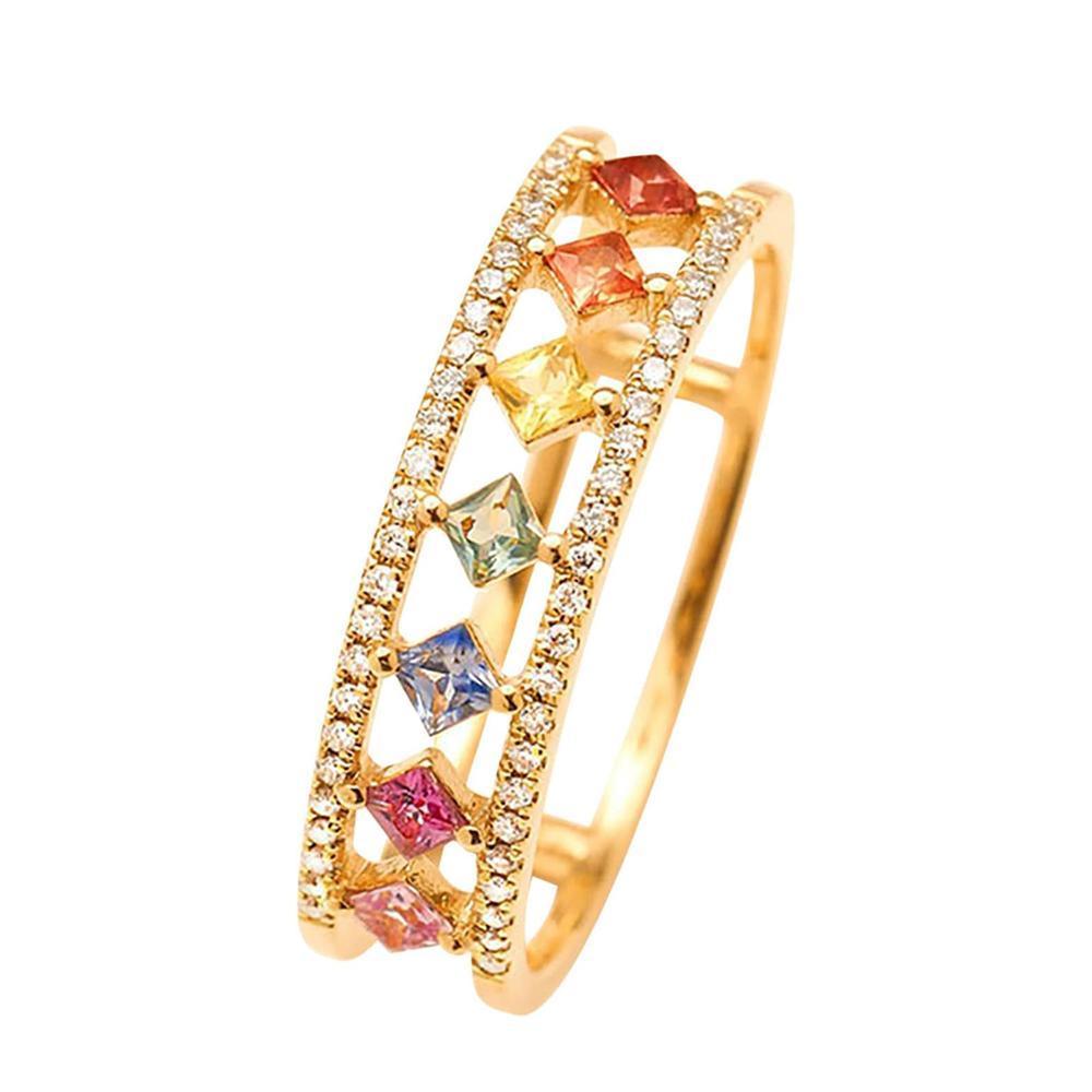 Rainbow Gold Ring Women Fashion Colorful Band Jewelry Gift 6-10 Sizes Ring - 6