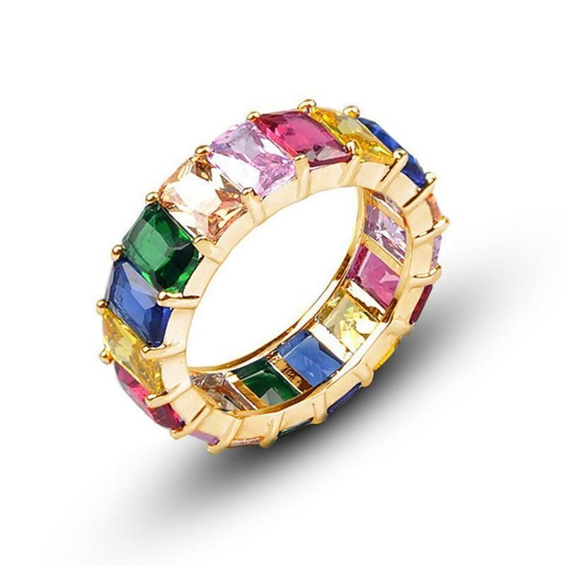 Rainbow Zircon Gemstone Ring Women's Stainless Steel Colourful Ring Size 6-10 - Gold-Multicolor-9 V528-LK67-GOLD-9-178707