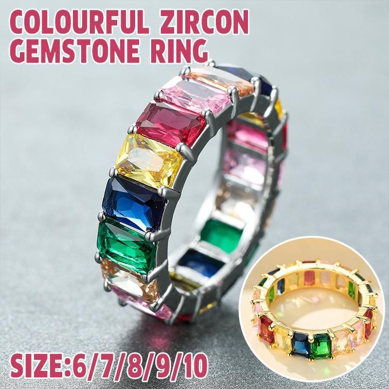 Rainbow Zircon Gemstone Ring Women's Stainless Steel Colourful Ring Size 6-10 - Gold-Multicolor-9 V528-LK67-GOLD-9-178707