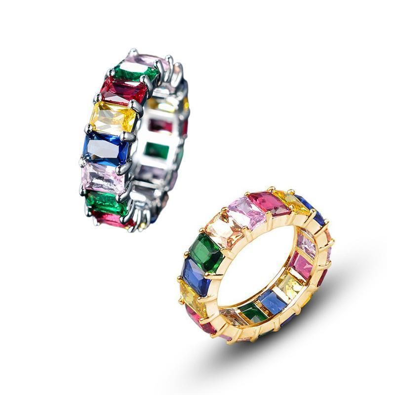 Rainbow Zircon Gemstone Ring Women's Stainless Steel Colourful Ring Size 6-10 - Gold-Multicolor-9 V528-LK67-GOLD-9-178707
