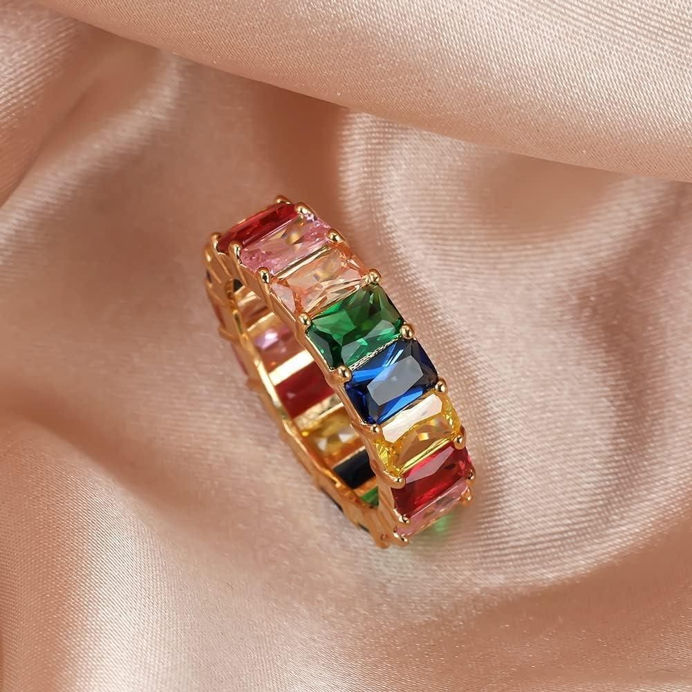 Rainbow Zircon Gemstone Ring Women's Stainless Steel Colourful Ring Size 6-10 - Gold-Multicolor-9 V528-LK67-GOLD-9-178707