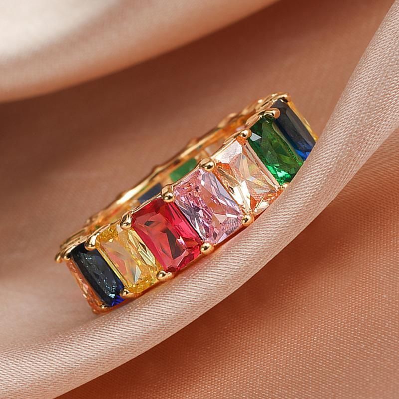 Rainbow Zircon Gemstone Ring Women's Stainless Steel Colourful Ring Size 6-10 - Silver-Multicolor-10 V528-LK67-WHITE-10-602203