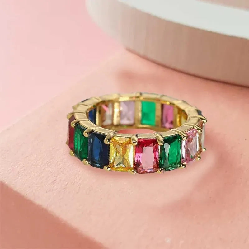 Rainbow Zircon Gemstone Ring Women's Stainless Steel Colourful Ring Size 6-10 - Silver-Multicolor-8 V528-LK67-WHITE-8-169467