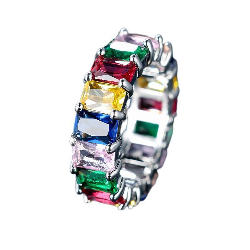 Rainbow Zircon Gemstone Ring Women's Stainless Steel Colourful Ring Size 6-10 - Silver-Multicolor-9 V528-LK67-WHITE-9-917302