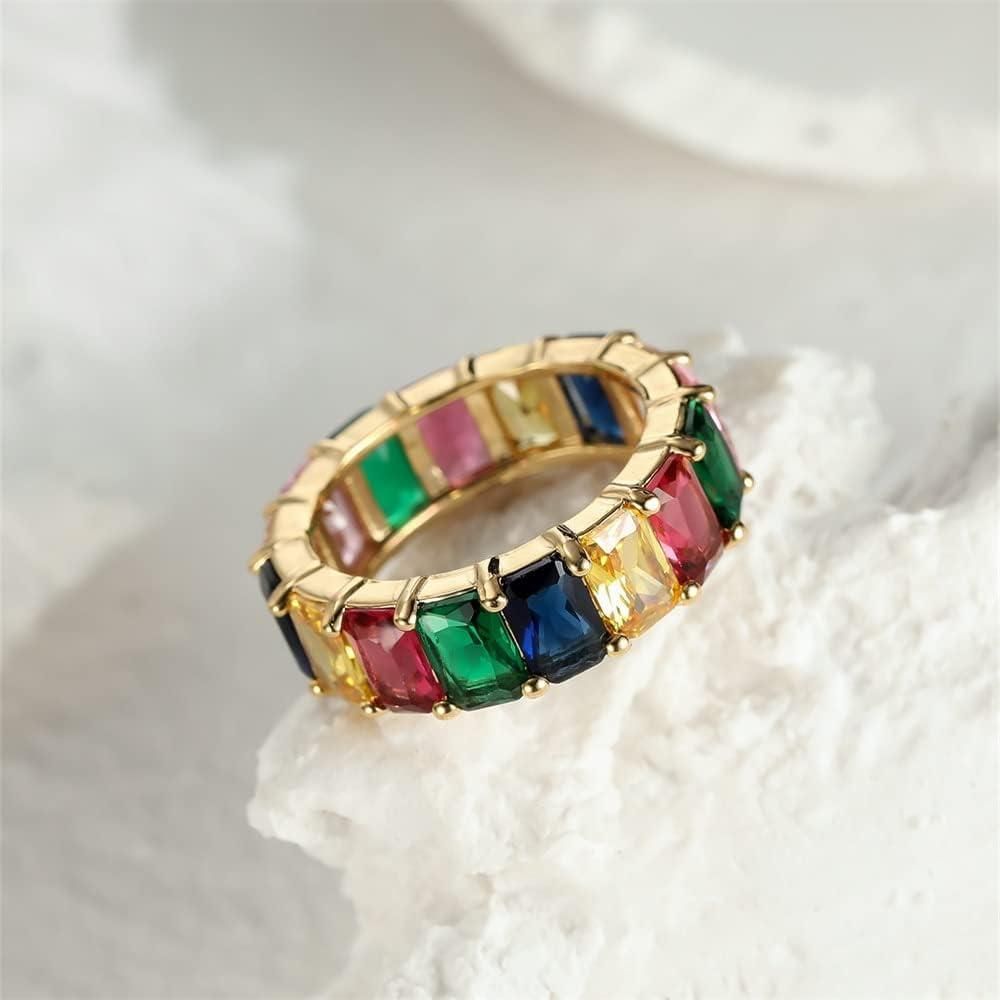 Rainbow Zircon Gemstone Ring Women's Stainless Steel Colourful Ring Size 6-10 - Silver-Multicolor-9 V528-LK67-WHITE-9-917302