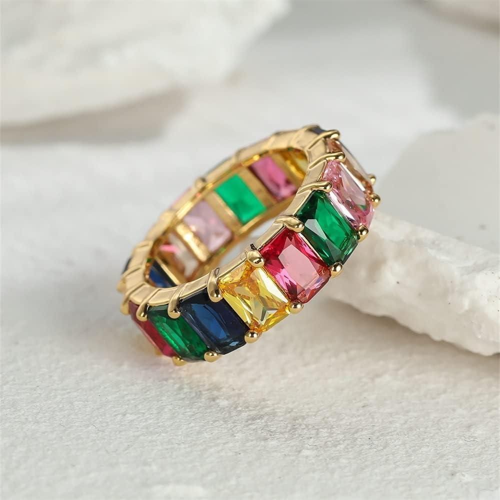 Rainbow Zircon Gemstone Ring Women's Stainless Steel Colourful Ring Size 6-10 - Silver-Multicolor-9 V528-LK67-WHITE-9-917302