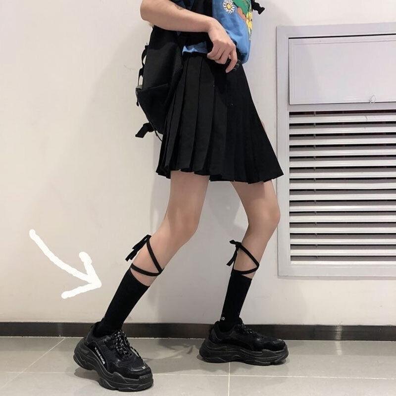 Cross-Tie Women Lolita Socks Bandage Stockings Korean Style Middle Tube Socks - Black+Black V528-LOLITASOCK-BLACKBLACK-749512