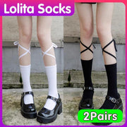 Cross-Tie Women Lolita Socks Bandage Stockings Korean Style Middle Tube Socks - White+White V528-LOLITASOCK-WHITEWHITE-974127