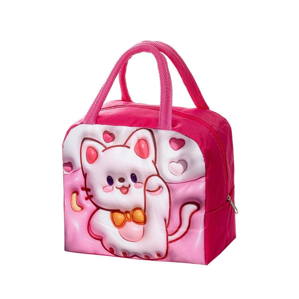 Cute 3D Cartoon Insulated Lunch Bag Oxford Fabric Bento Tote for School Use - Rose Kitten V528-LUNCH-BAG-MHXM-314700