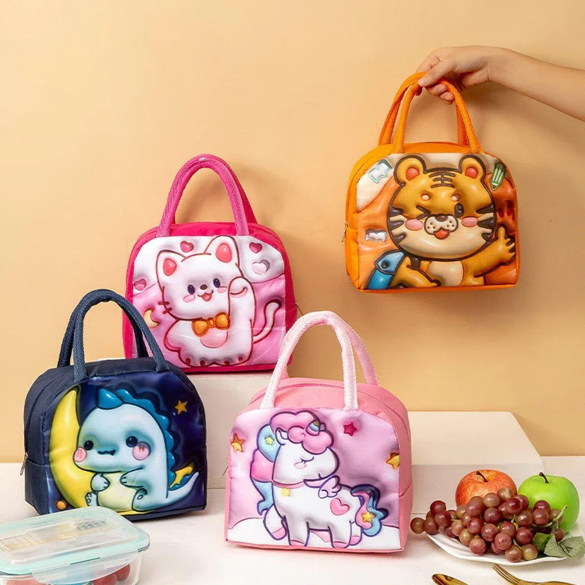 Cute 3D Cartoon Insulated Lunch Bag Oxford Fabric Bento Tote for School Use - Rose Kitten V528-LUNCH-BAG-MHXM-314700