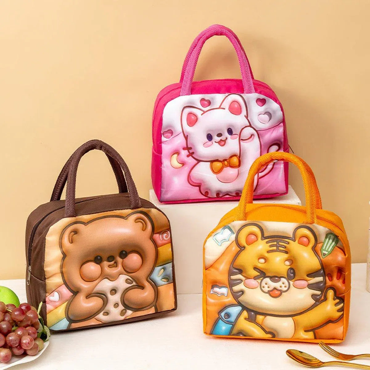Cute 3D Cartoon Insulated Lunch Bag Oxford Fabric Bento Tote for School Use - Rose Kitten V528-LUNCH-BAG-MHXM-314700