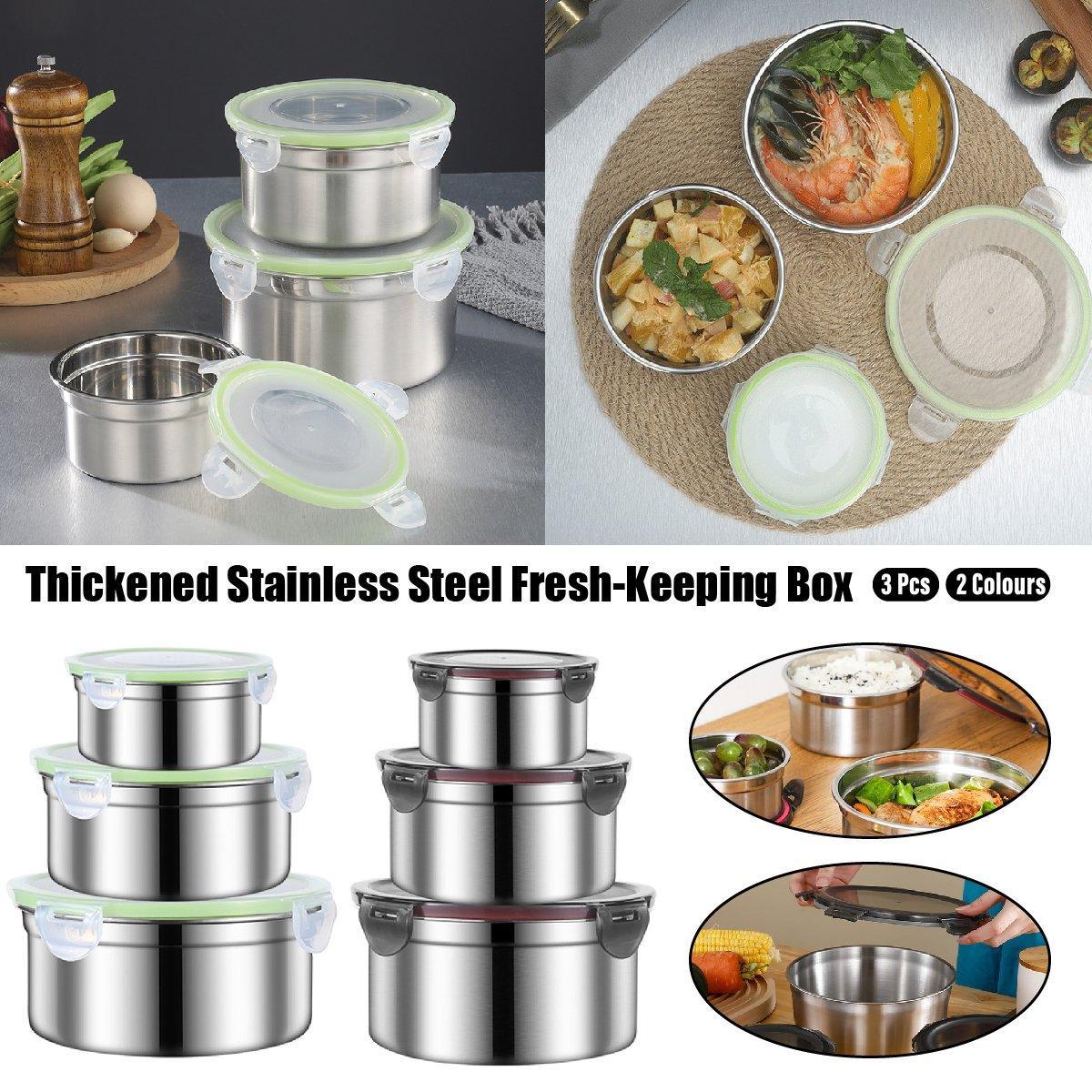 3PCS Stainless Steel Sealed Crisper Storage Box with Lid Round Food Lunch Box - Black V528-LUNCH-BOX-3PCS-BLACK-815702
