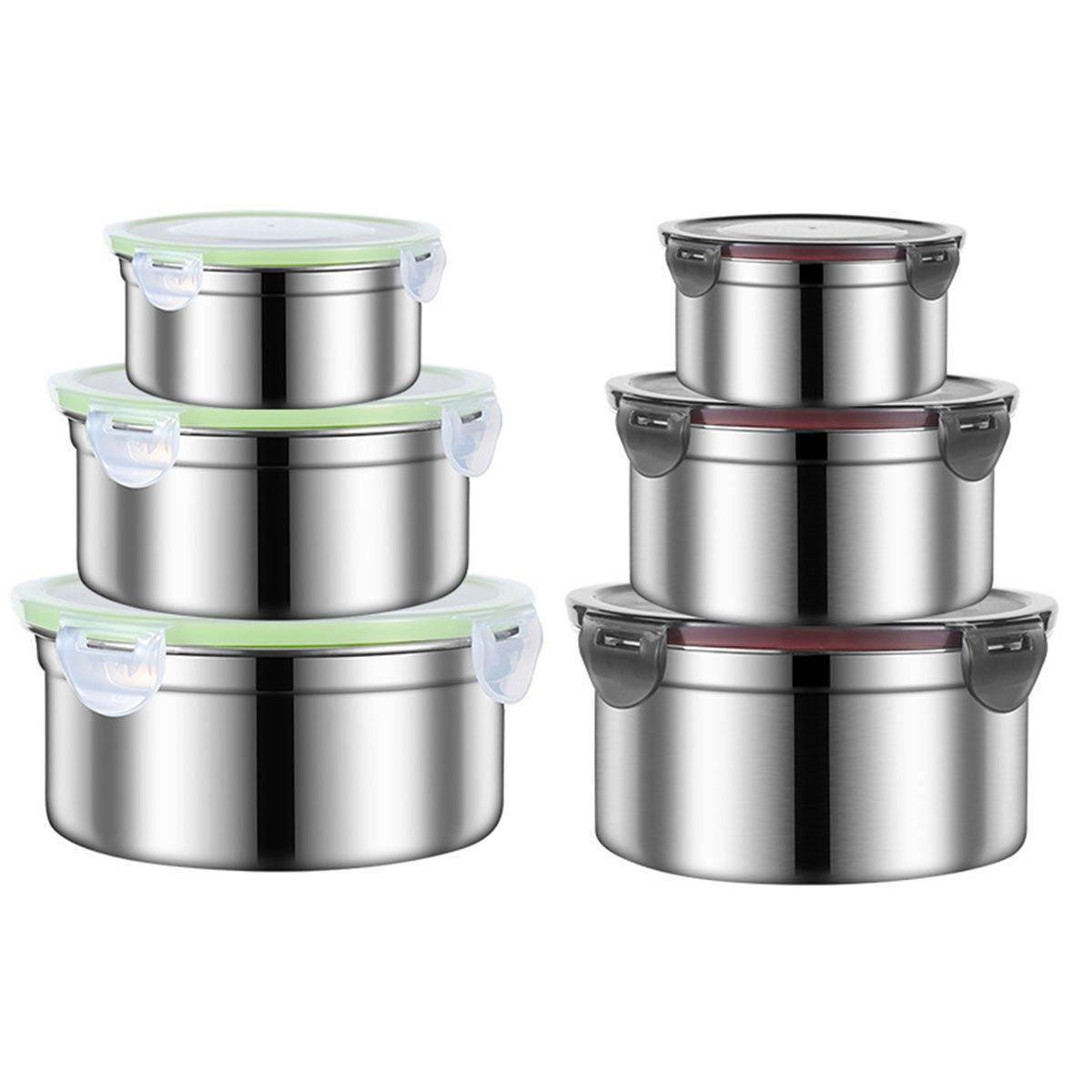3PCS Stainless Steel Sealed Crisper Storage Box with Lid Round Food Lunch Box - Black V528-LUNCH-BOX-3PCS-BLACK-815702