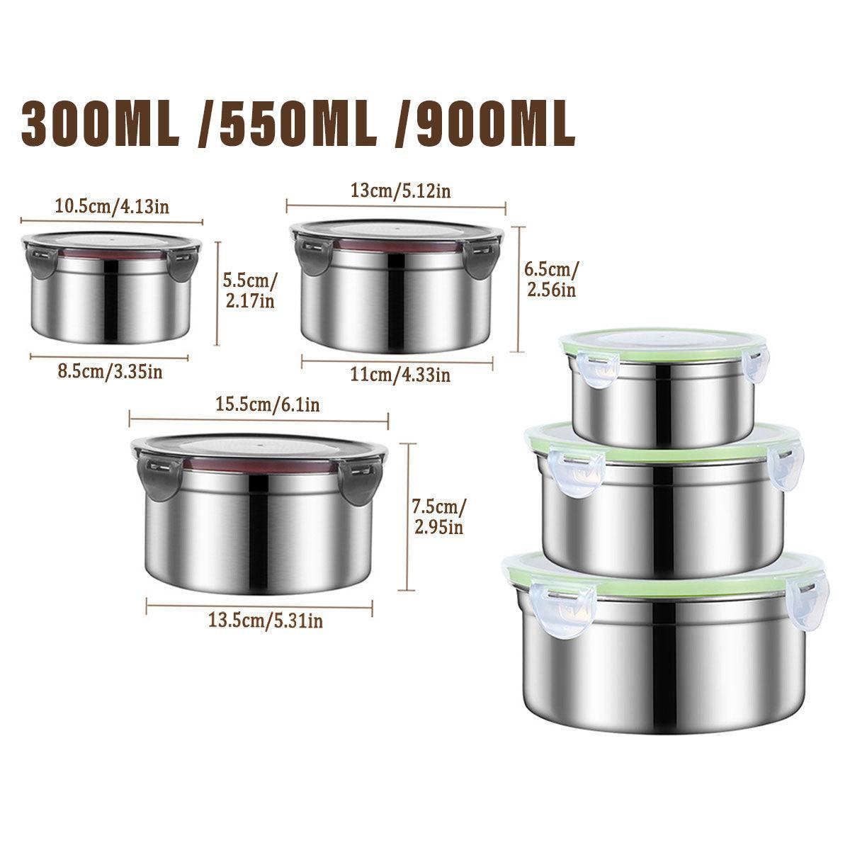 3PCS Stainless Steel Sealed Crisper Storage Box with Lid Round Food Lunch Box - Black V528-LUNCH-BOX-3PCS-BLACK-815702