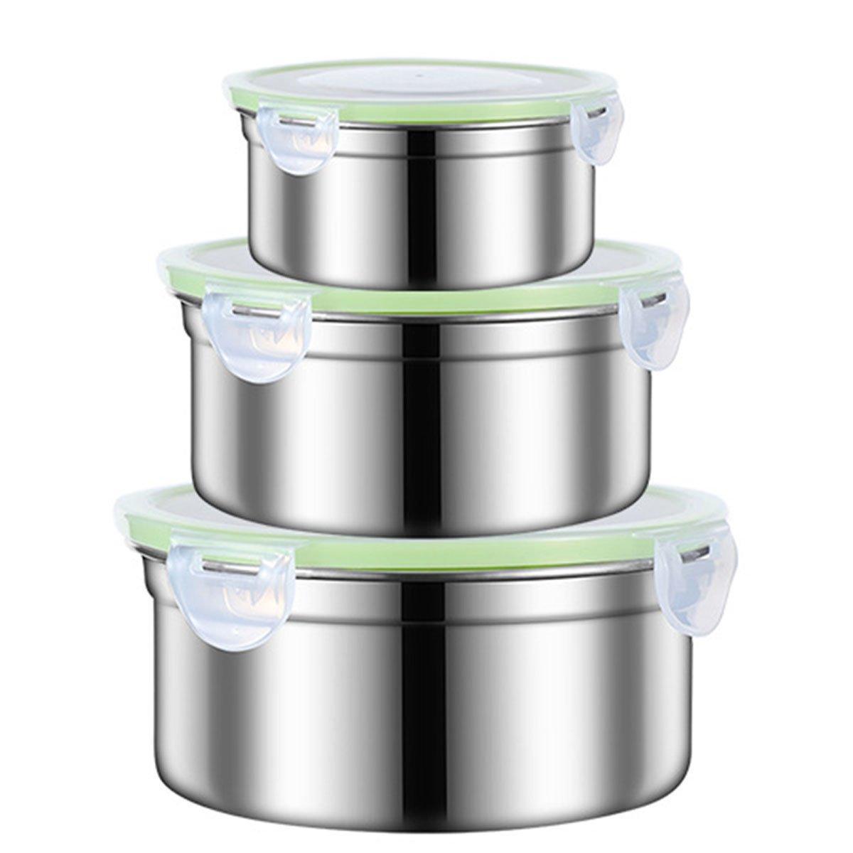 3PCS Stainless Steel Sealed Crisper Storage Box with Lid Round Food Lunch Box - Black V528-LUNCH-BOX-3PCS-BLACK-815702