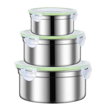 3PCS Stainless Steel Sealed Crisper Storage Box with Lid Round Food Lunch Box - Black V528-LUNCH-BOX-3PCS-BLACK-815702