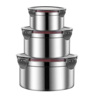 3PCS Stainless Steel Sealed Crisper Storage Box with Lid Round Food Lunch Box - Black V528-LUNCH-BOX-3PCS-BLACK-815702