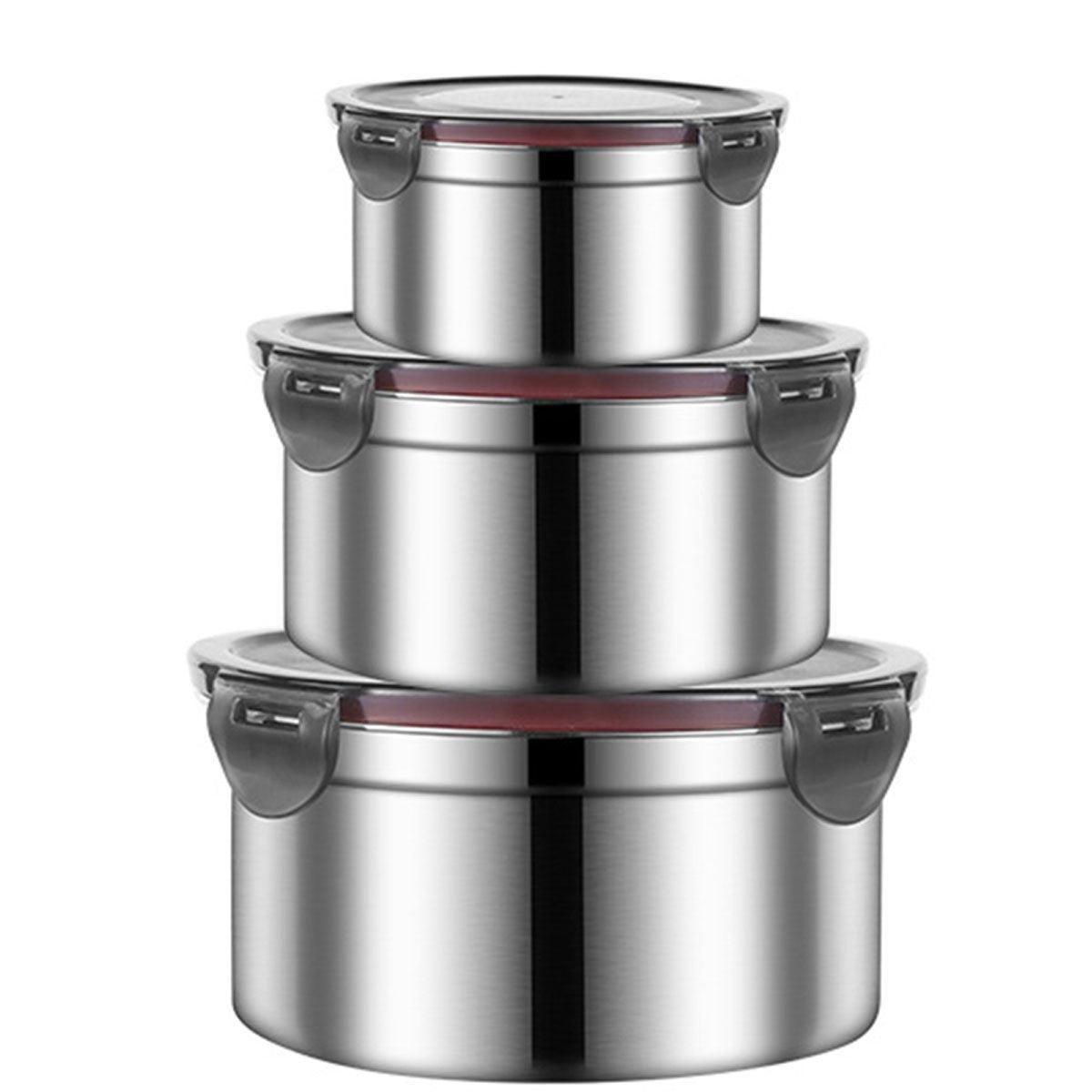 3PCS Stainless Steel Sealed Crisper Storage Box with Lid Round Food Lunch Box - Black V528-LUNCH-BOX-3PCS-BLACK-815702