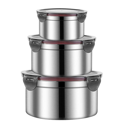 3PCS Stainless Steel Sealed Crisper Storage Box with Lid Round Food Lunch Box - Black V528-LUNCH-BOX-3PCS-BLACK-815702