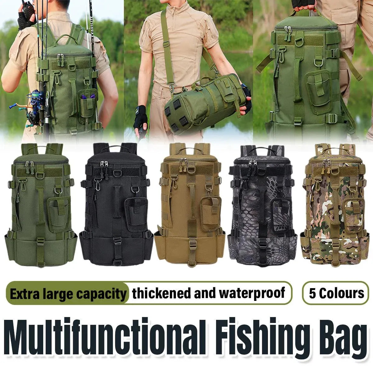 Waterproof Fishing Tackle Bag Large Capacity Multi Functional Shoulder Storage - Khaki Camouflage V528-LURE-BACKPACK-KH-CAMO-196645