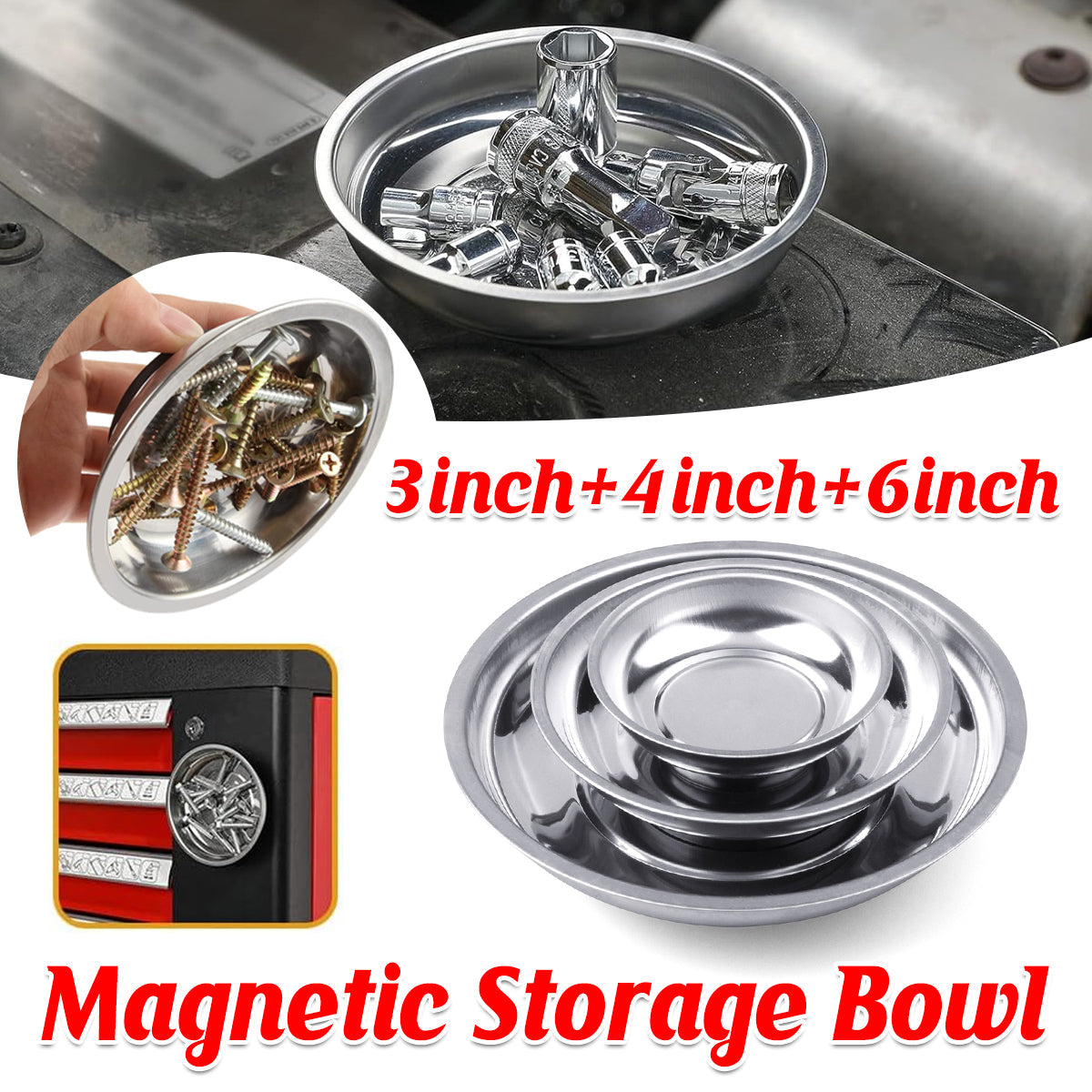 3 4 6 Inch Magnetic Parts Tray Set Stainless Steel Tool Bowl Organizer Holder V528-MAGNETIC-TRAY-3IN1-675640