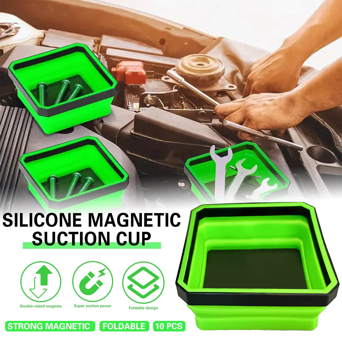 10PCS Silicone Magnetic Tool Tray Folding Storage Disk Screw Bolt Organizer V528-MAGNETIC-TRAY-GREEN-10IN1-595527