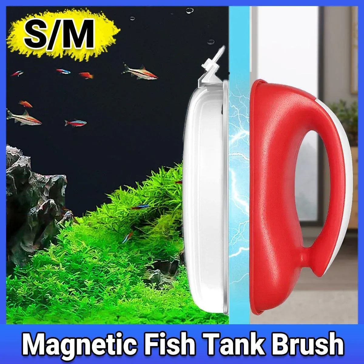 Double-Sided Aquarium Glass Cleaner Brush for Fish Tank Algae Removal S/M Size - S V528-MAGNETICBRUSH-S-863596