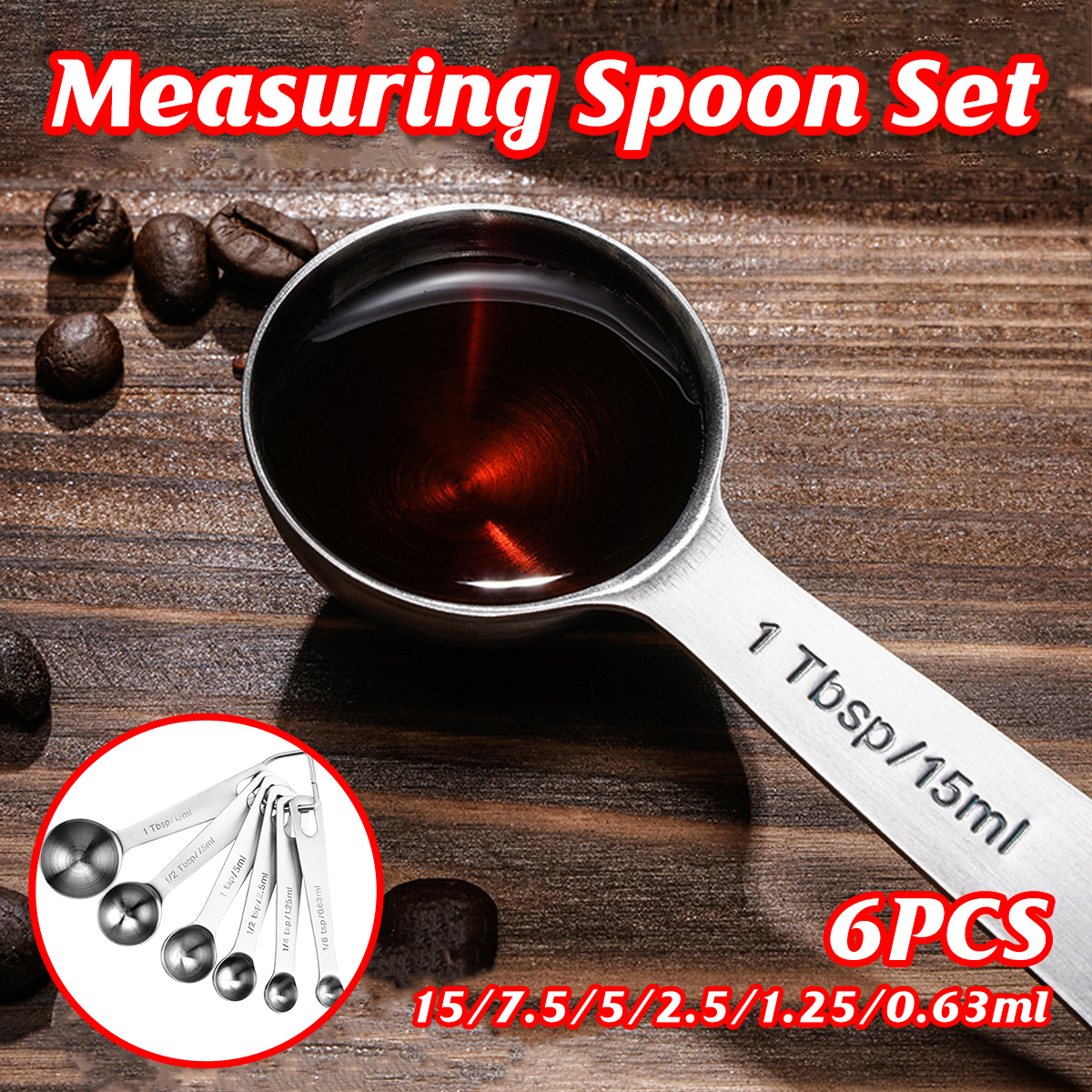 6PCS Measuring Cups Spoons 304 Stainless Steel Baking Tools With Scale Set V528-MEASURING-SPOON-6PCS-702114