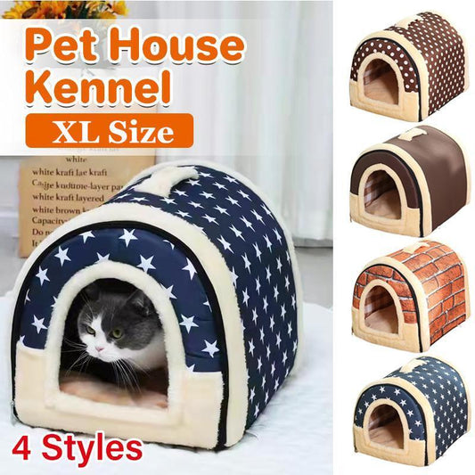 XL Size Pet House Kennel Soft Igloo Beds Cave Cat Puppy Bed Warm Cushion Fold - Brown Dots V528-MH00322-KFBD-XL-947259