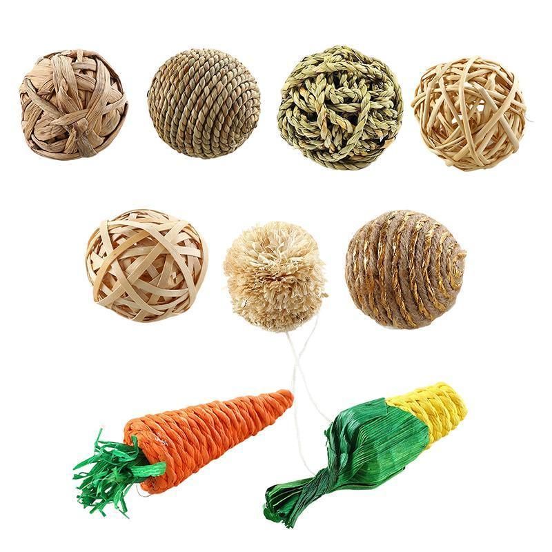 4/5PCS Pet Balls Rabbit Toys Bunny Straw Rattan Woven Chewing Ball Biting Toys - 5PCS
