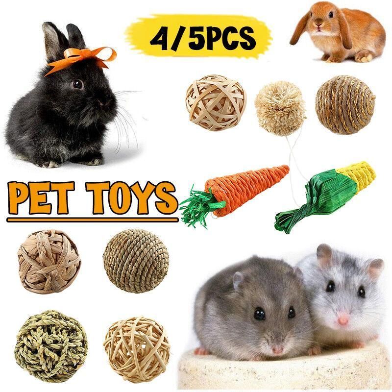 4/5PCS Pet Balls Rabbit Toys Bunny Straw Rattan Woven Chewing Ball Biting Toys - 5PCS