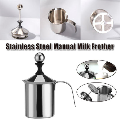 400ml Stainless Steel Manual Milk Frother Double Mesh Strainer Frothing Pitcher V528-MILK-FROTHER-304-400CC-957841