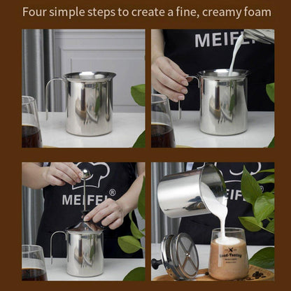 400ml Stainless Steel Manual Milk Frother Double Mesh Strainer Frothing Pitcher V528-MILK-FROTHER-304-400CC-957841