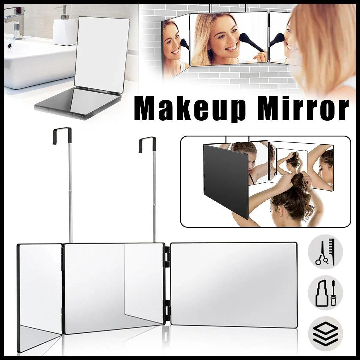 3Way Makeup Mirror for Hair Cutting Styling Hanging Beauty Tool Adjustable V528-MIRROR-BLACK-899122