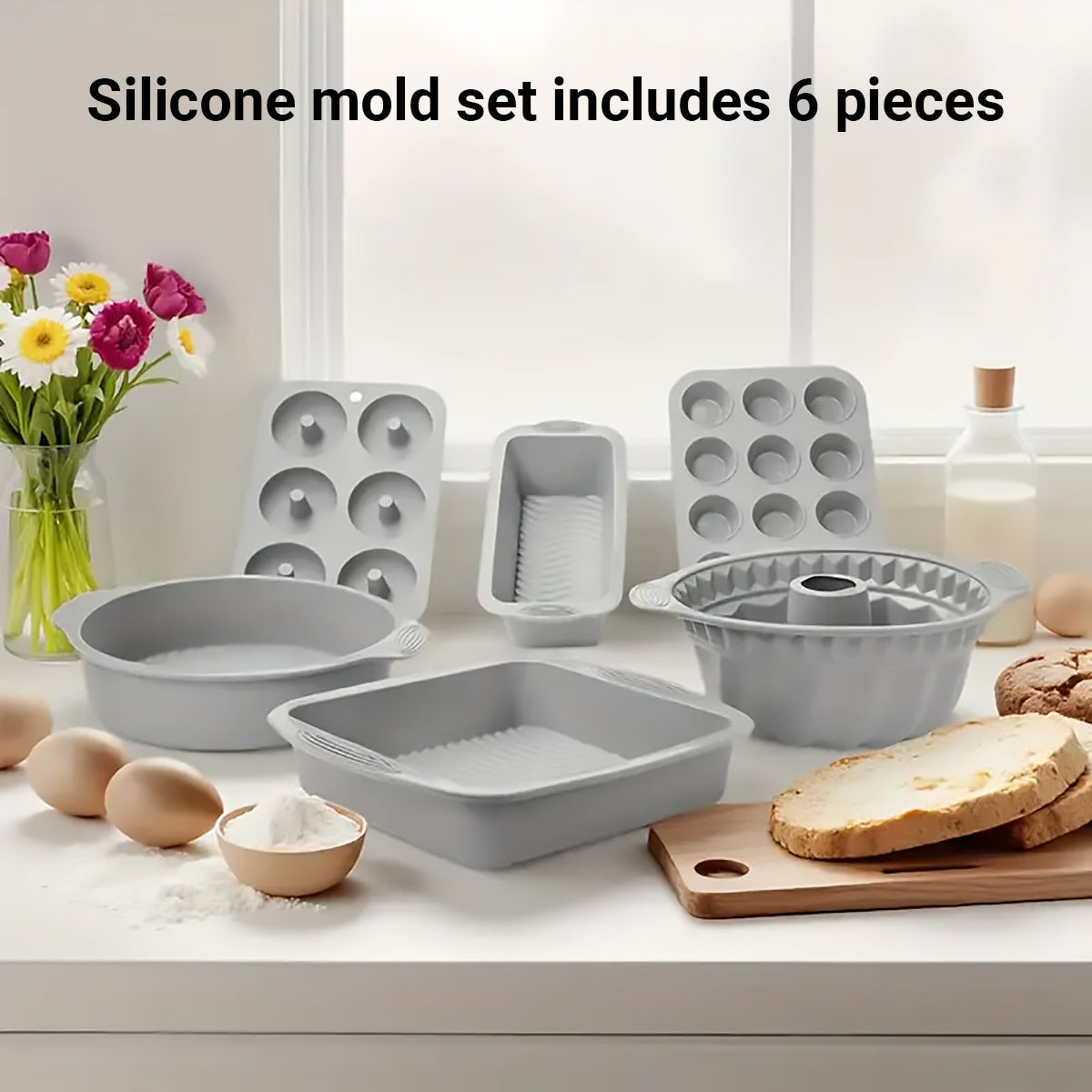 6PCS Silicone Cake Mould Set Baking Pans Nonstick Cupcake Cookie Tools Reusable - Grey V528-MOLD-6PCS-GREY-725327