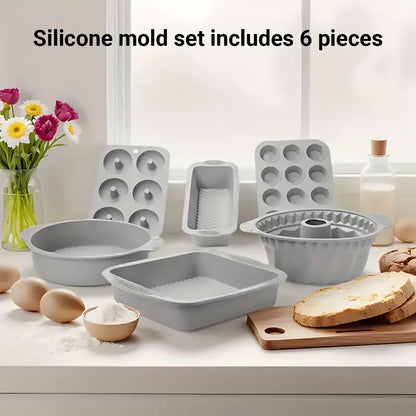 6PCS Silicone Cake Mould Set Baking Pans Nonstick Cupcake Cookie Tools Reusable - Grey V528-MOLD-6PCS-GREY-725327