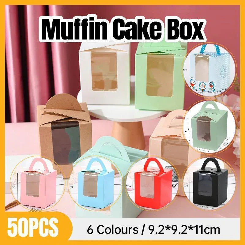 50 Pack Premium Cupcake Boxes with Window Thickened Cardboard Muffin Holders - Pink V528-MUFFIN-CASE-50PCS-PINK-711329