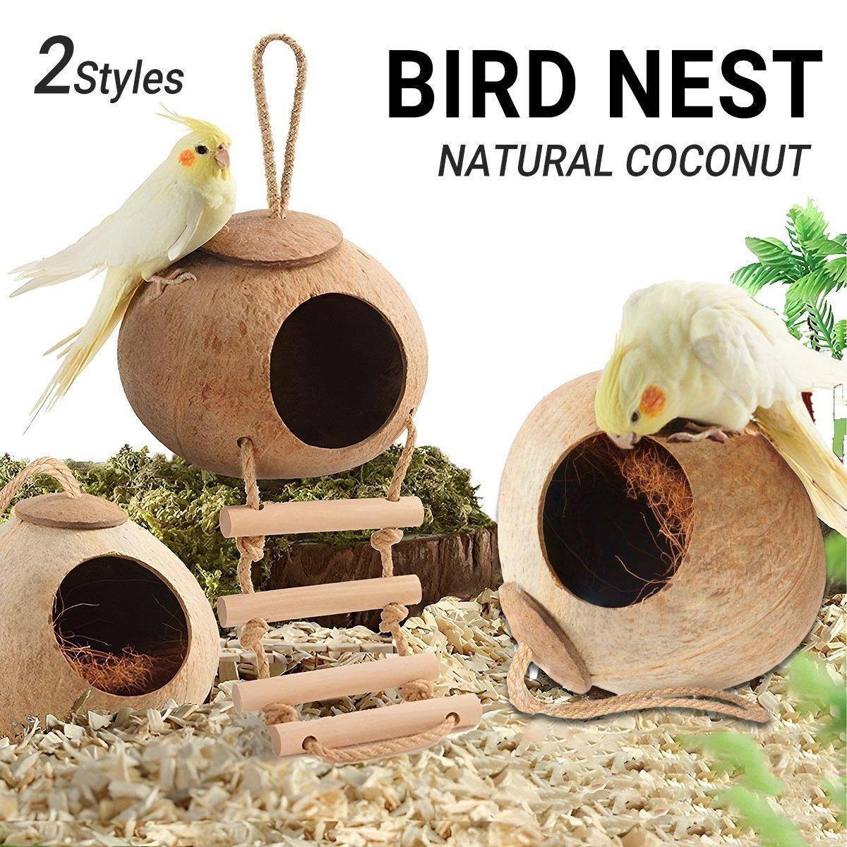 Natural Coconut Bird Nest Cage Pet Parrot Parakeet Safe Hut Feeder Shell Home - Stairs type V528-NEST-S-LT-942575