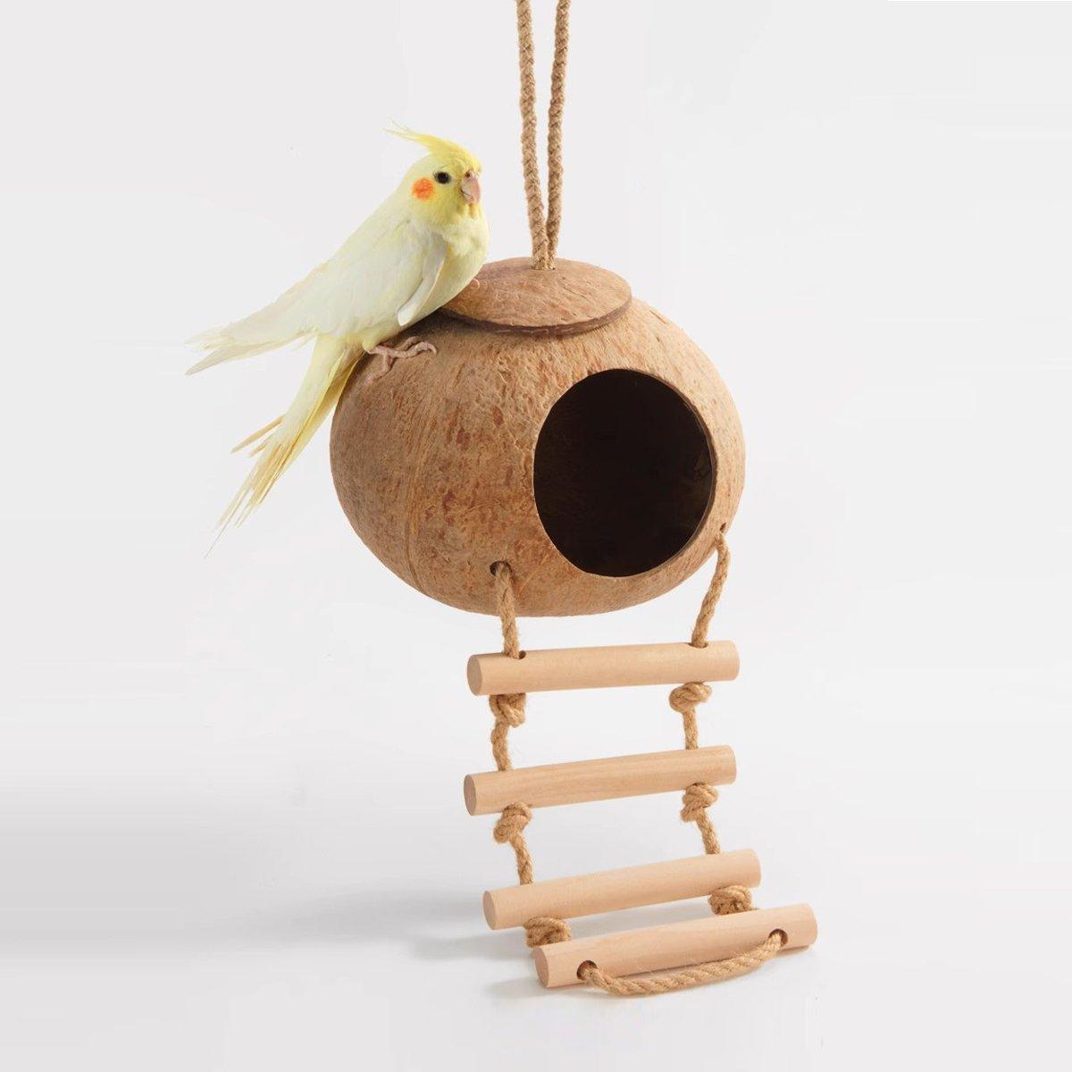 Natural Coconut Bird Nest Cage Pet Parrot Parakeet Safe Hut Feeder Shell Home - Stairs type V528-NEST-S-LT-942575