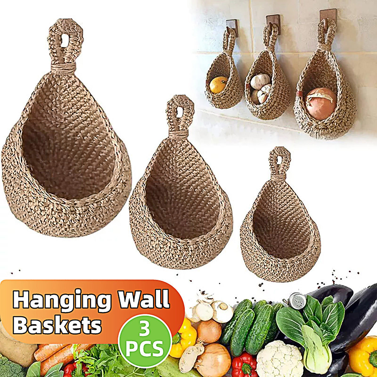 3pcs Boho Hanging Wall Baskets Woven Vegetable Fruit Storage Pouch Kitchen Decor V528-NET-BAG-3PCS-429989