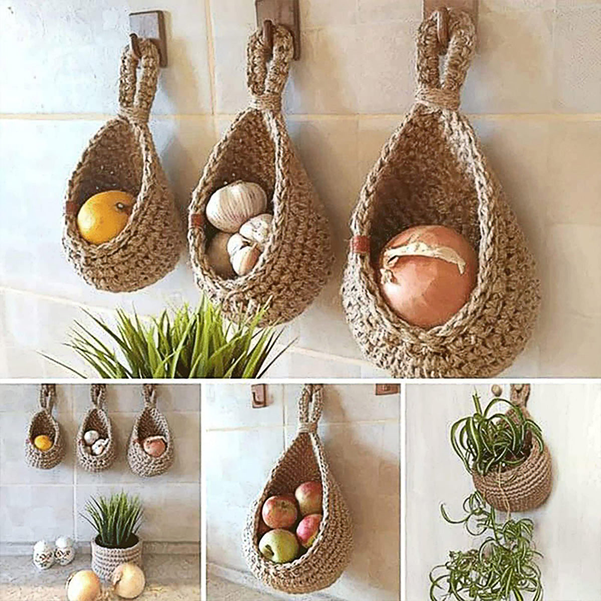 3pcs Boho Hanging Wall Baskets Woven Vegetable Fruit Storage Pouch Kitchen Decor V528-NET-BAG-3PCS-429989
