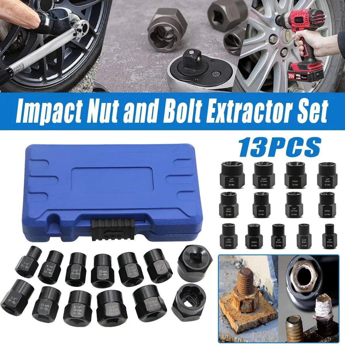 13 Piece Impact Bolt Nut Remover Set Extractor Socket Tool for Stripped Nuts Bolt V528-NUT-REMOVAL-13PCS-946435