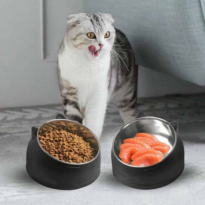 Pet Dog Cat Food Bowl Raised No Slip Stainless Steel Tilted Water Food Feeder - White V528-OBLIQUECATBOWL-WHITE-11443