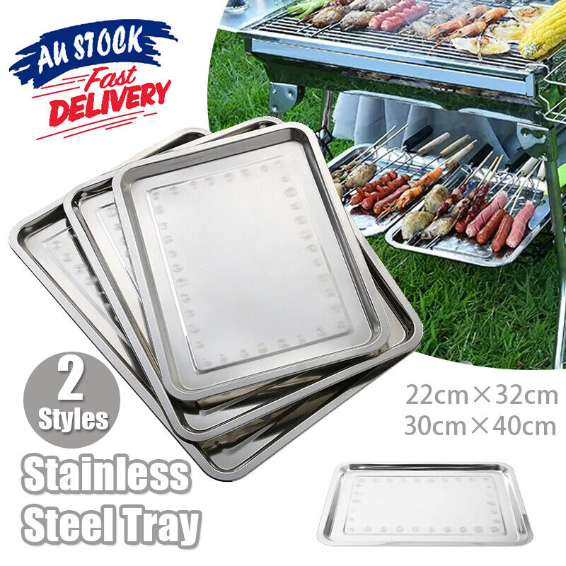 2X Stainless Steel Oblong Tray Plate Serving Tray Silver Dinner Food Kitchenware - 22X32CM V528-OBLONGTRAY-32-22CM-2PCS-245171